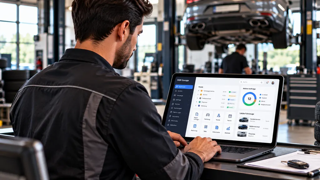 Konzeptvisualisierung: Mechaniker arbeitet in der Werkstatt mit der Garagensoftware auf einem Laptop.