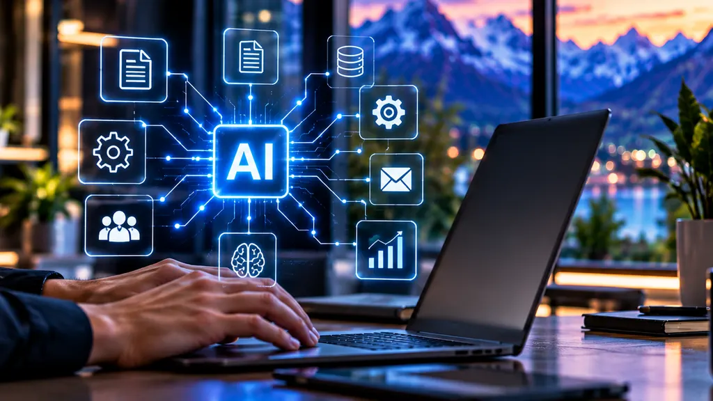 Person am Laptop mit einer Visualisierung automatisierter Abläufe für Dokumente, E-Mails und Daten.