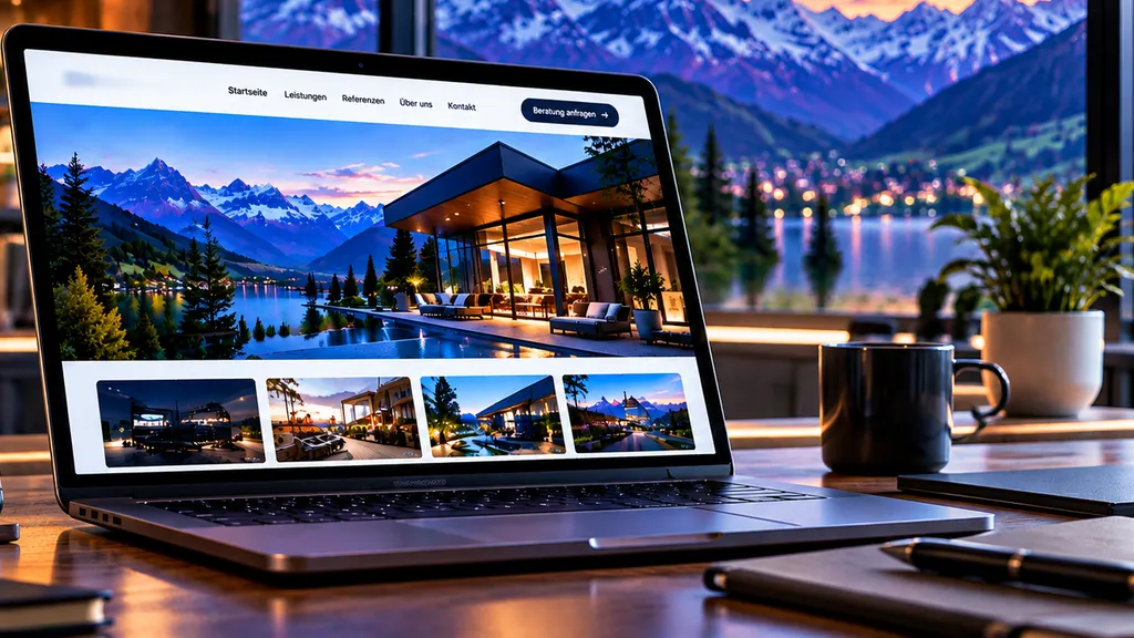 Responsive Unternehmenswebsite auf einem Laptop an einem Arbeitsplatz mit Bergsicht.
