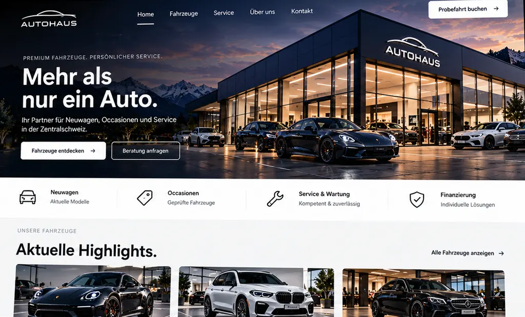 Demo-Projekt Automotive mit der Startseite eines fiktiven Autohauses.