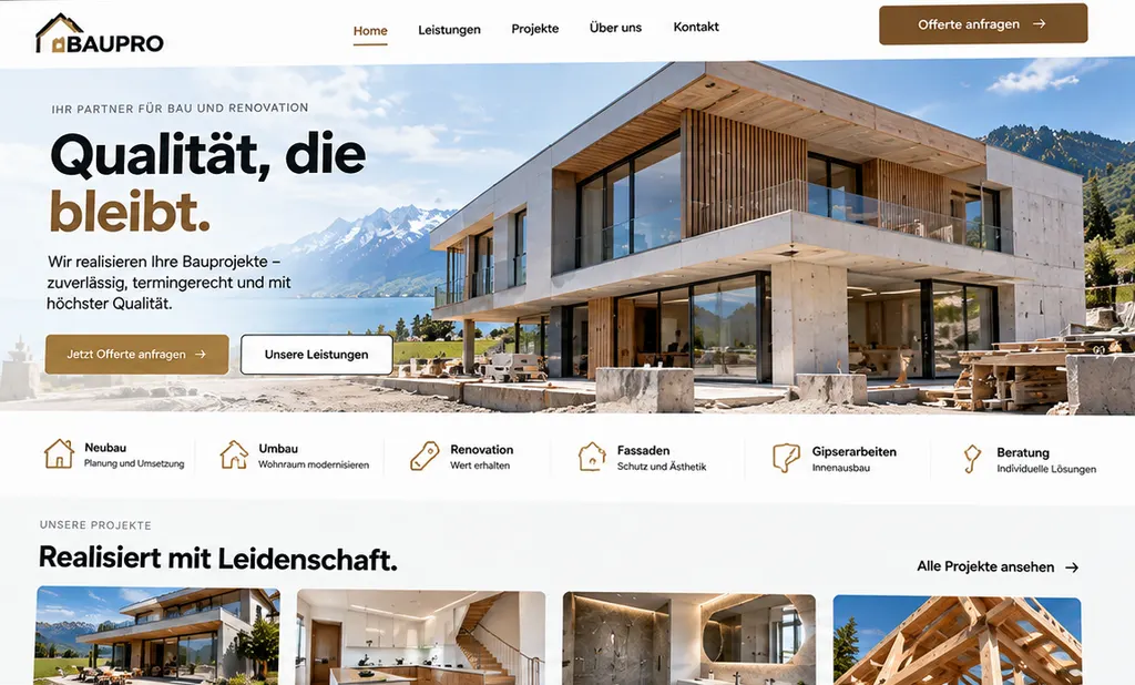 Demo-Projekt Handwerk und Bau mit der Startseite eines fiktiven Baubetriebs.