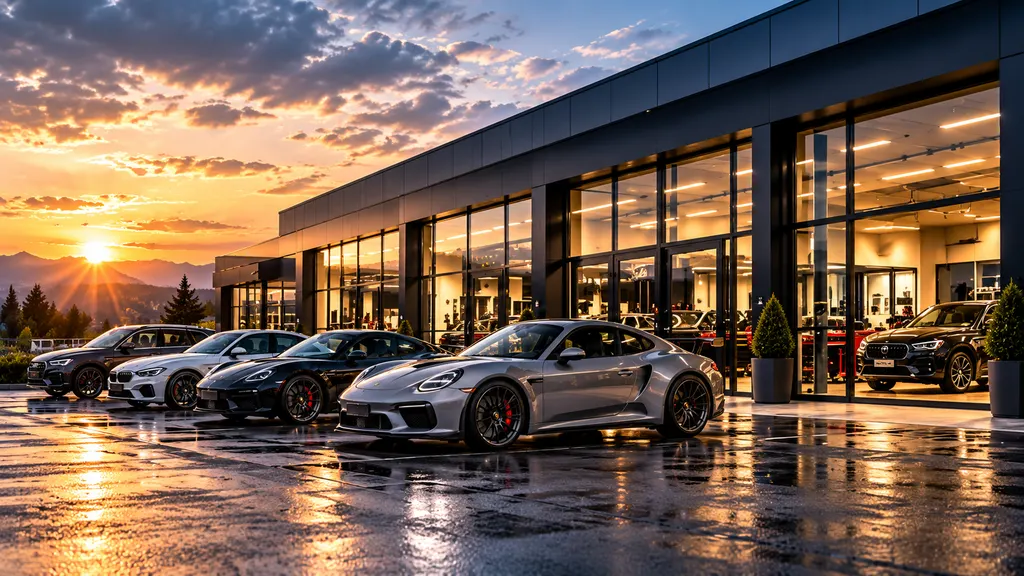 Moderner Autohaus-Showroom mit Fahrzeugen bei Abendlicht (Demo-Bild).