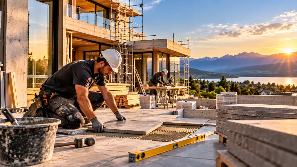 Handwerker verlegt Bodenplatten auf einer Terrasse mit Bergsicht (Demo-Bild).