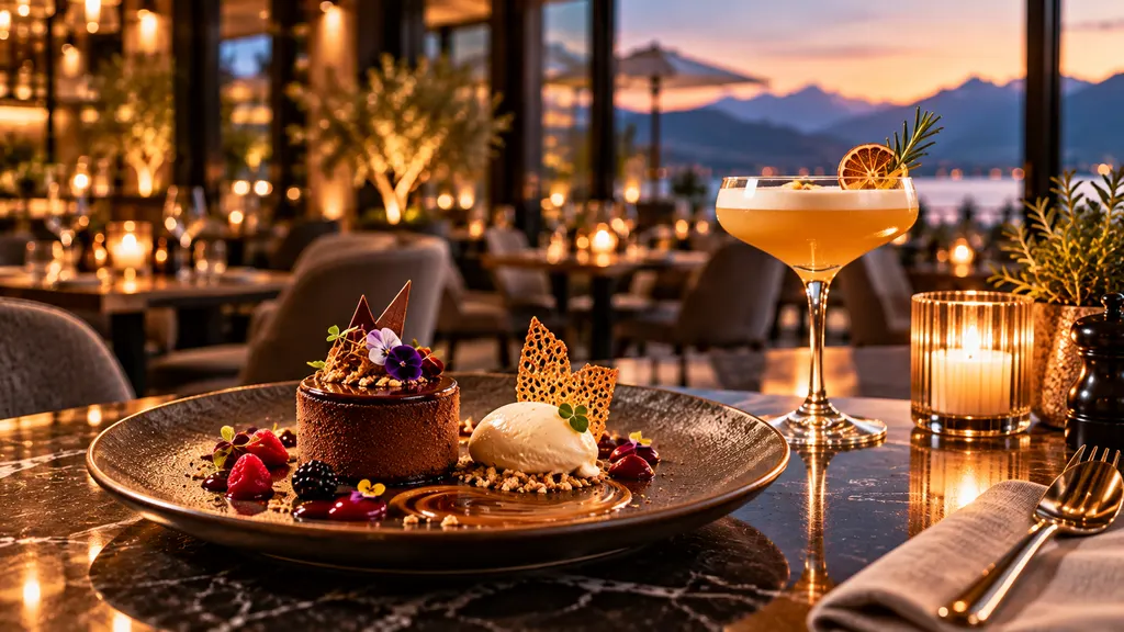 Schokoladentörtchen mit Beeren und Glace, dahinter ein Cocktail bei Kerzenlicht (Demo-Bild).