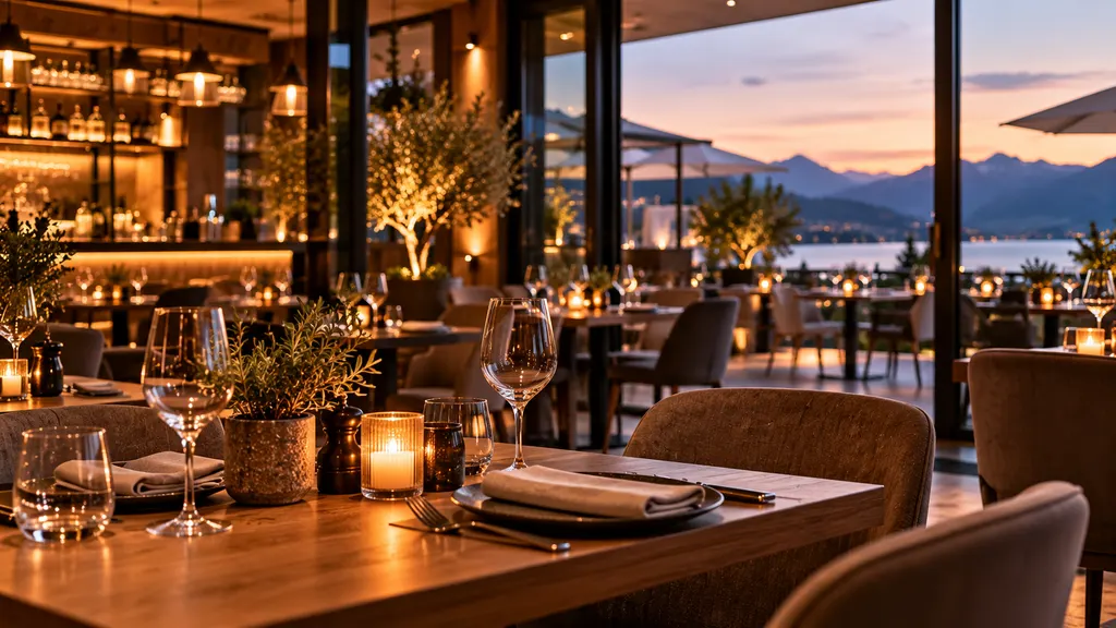 Restaurant bei Abendstimmung mit gedeckten Tischen, Kerzenlicht und Blick auf See und Berge (Demo-Bild).