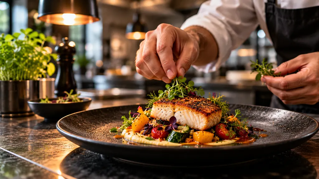 Koch richtet ein Fischgericht mit frischen Kräutern auf einem dunklen Teller an (Demo-Bild).