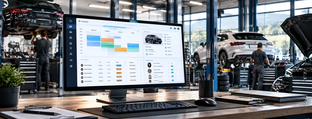 Konzeptvisualisierung von SSR Garage: Arbeitsplatz in einer Werkstatt mit einem Dashboard für Werkstattplanung, Fahrzeuge, Kunden und Teile.