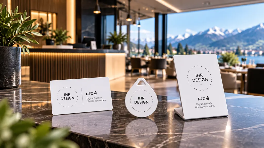 NFC-Visitenkarte, NFC-Badge und NFC-Tischaufsteller von SSR Connect auf der Theke eines Empfangs.