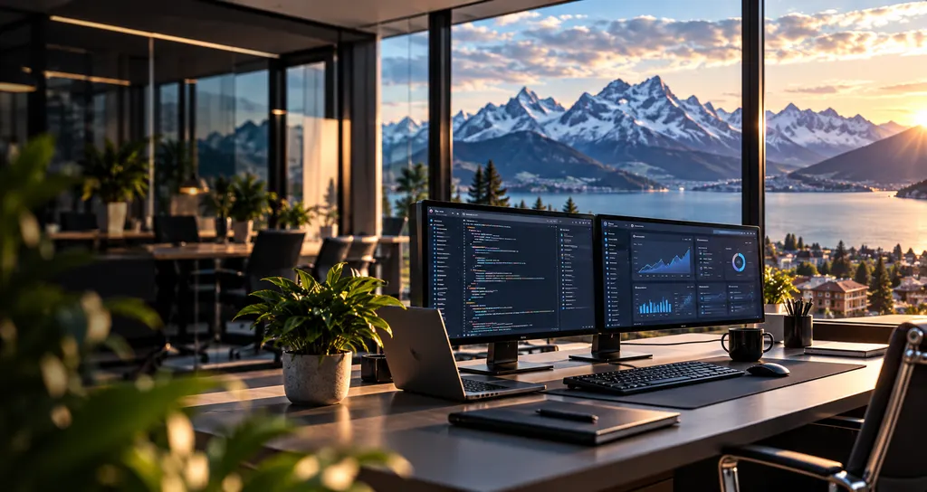 Moderner Arbeitsplatz mit Code und Dashboard auf zwei Bildschirmen, im Hintergrund See und Berge.