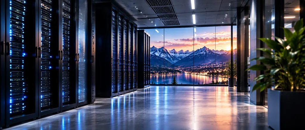 Serverschränke in einem Rechenzentrum mit Blick auf See und Berge.