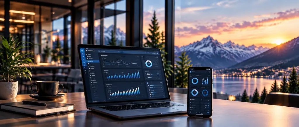 Laptop und Smartphone mit Business-Dashboards in einem Büro mit Blick auf See und Berge.