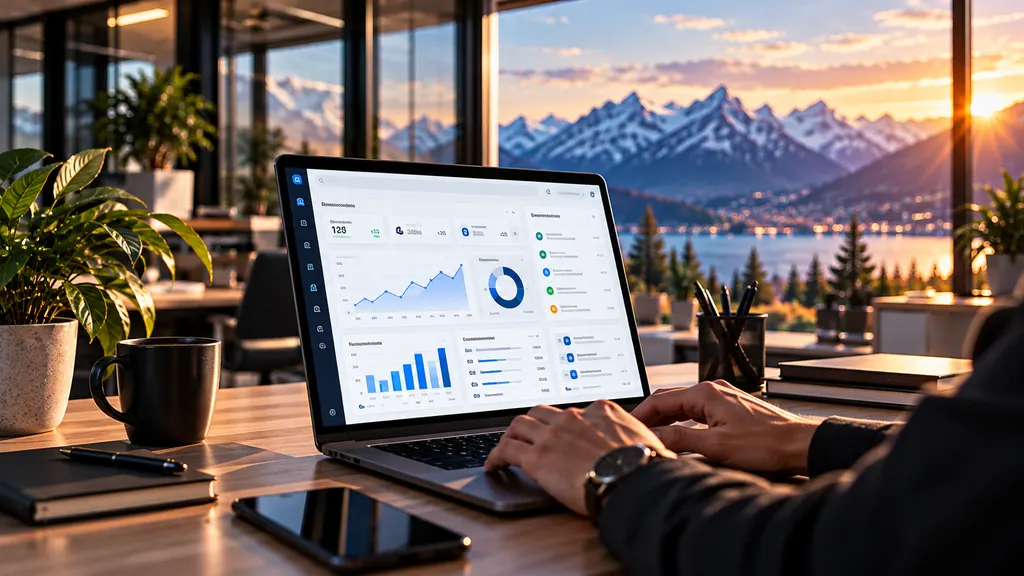 Person arbeitet am Laptop mit dem Dashboard einer Business-Software.