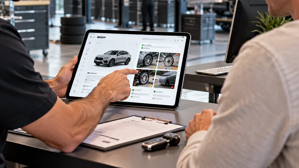 Kundenberater zeigt bei der Fahrzeugannahme in der Werkstatt Fahrzeugdaten auf einem Tablet.