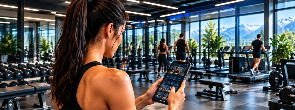 Mitglied nutzt im Fitnessstudio eine Trainings-App auf dem Smartphone.