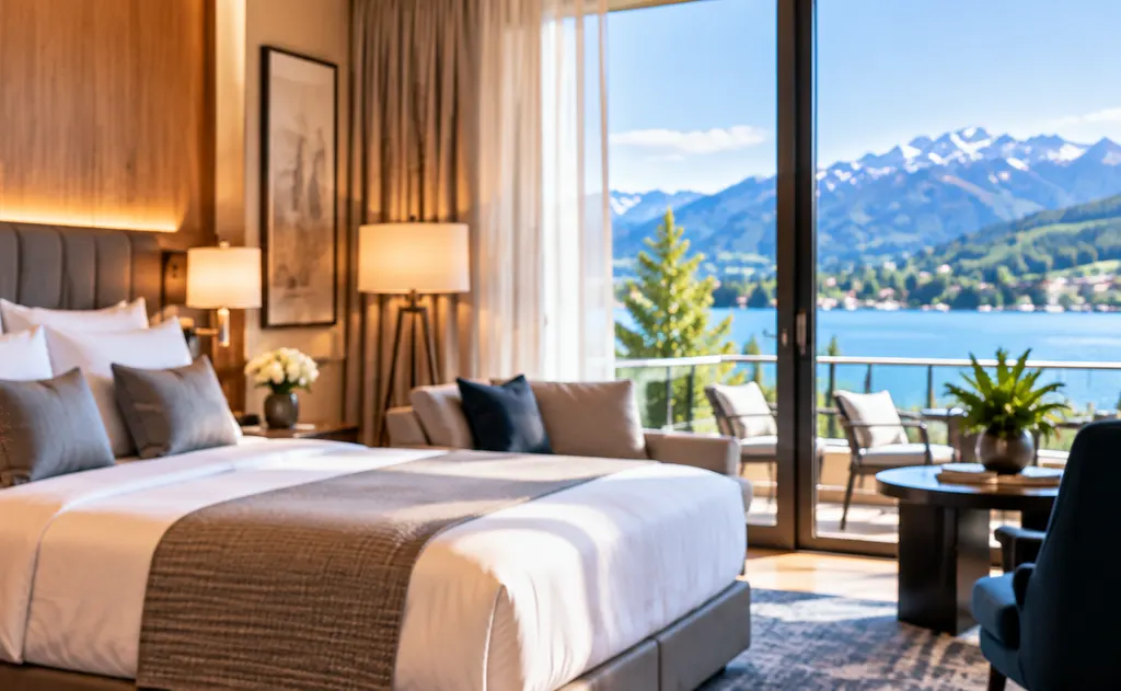 Hotelzimmer mit Blick auf See und Berge.