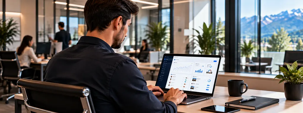 Mitarbeiter arbeitet im Büro mit einer Business-Software auf dem Laptop.