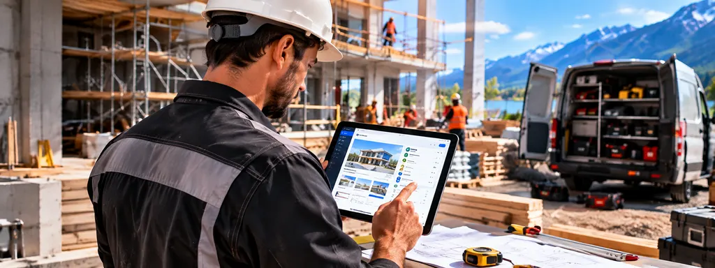 Bauleiter prüft auf der Baustelle Pläne auf einem Tablet.