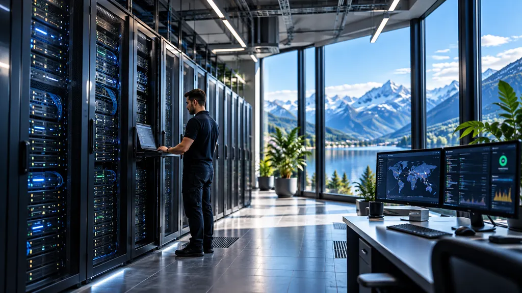 Techniker an Serverschränken in einem Rechenzentrum, daneben Monitoring-Bildschirme.
