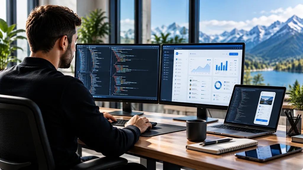 Entwickler arbeitet an zwei Bildschirmen mit Code und dem Dashboard einer Web-Applikation.