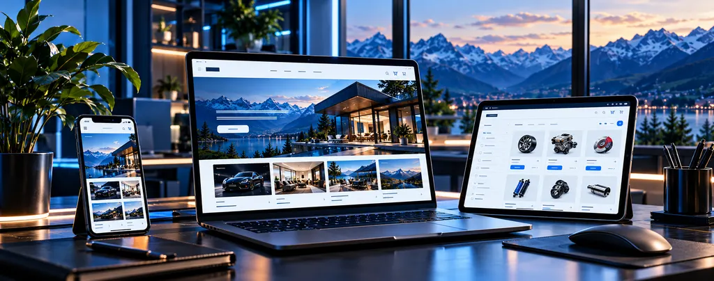 Responsive Website und Online-Shop auf Laptop, Tablet und Smartphone an einem Arbeitsplatz mit Bergsicht.